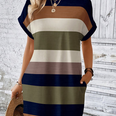 Schulterfreies Kleid mit Streifen und Taschen – Lockerer Schnitt