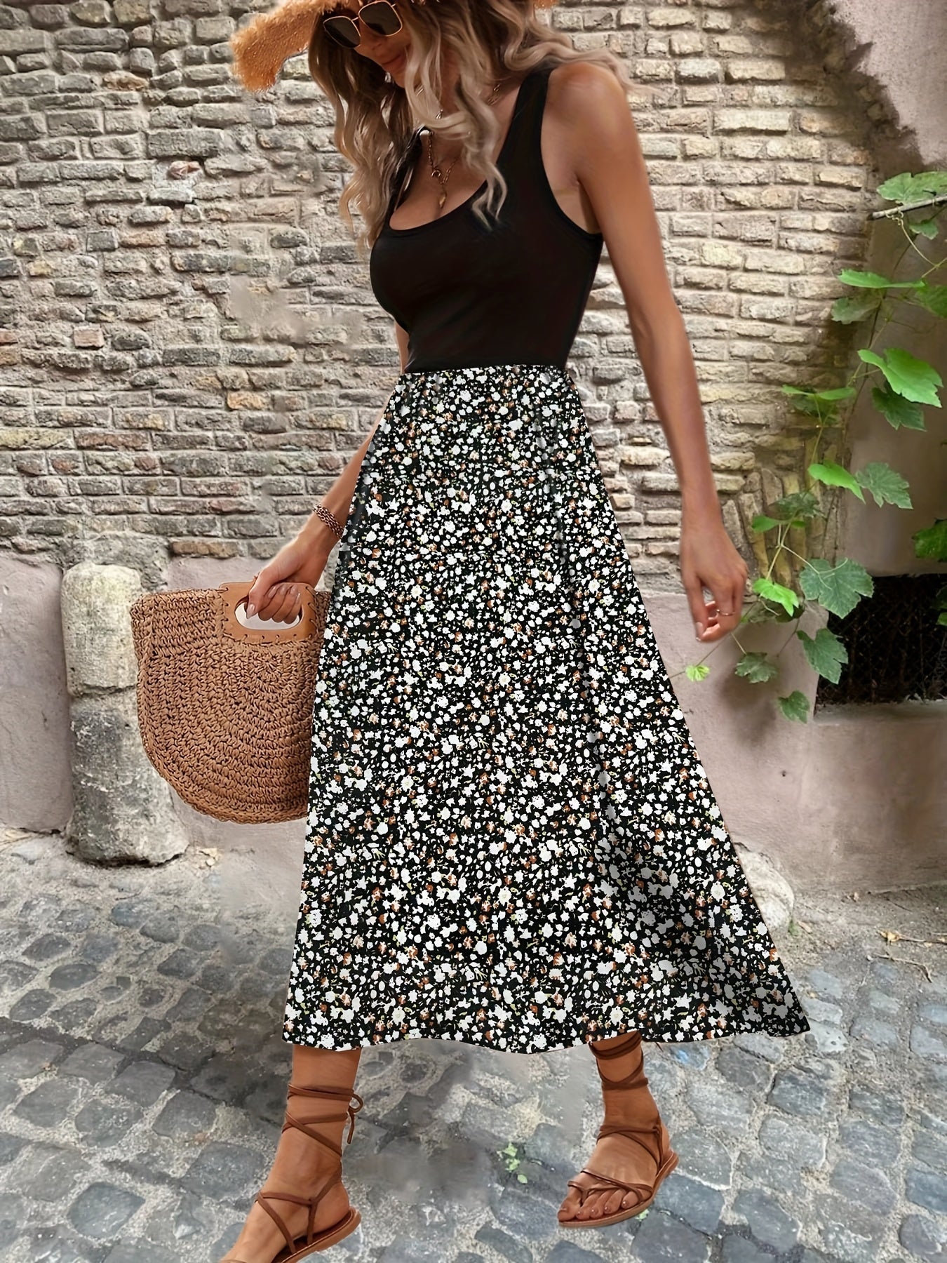 Geblümtes ärmelloses Sommer-Midikleid mit A-Linie in Schwarz und Kaffee