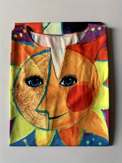 Ärmelloses Midi-Kleid mit Katzenmuster und V-Ausschnitt in Gelb – Sommerkleid für Damen