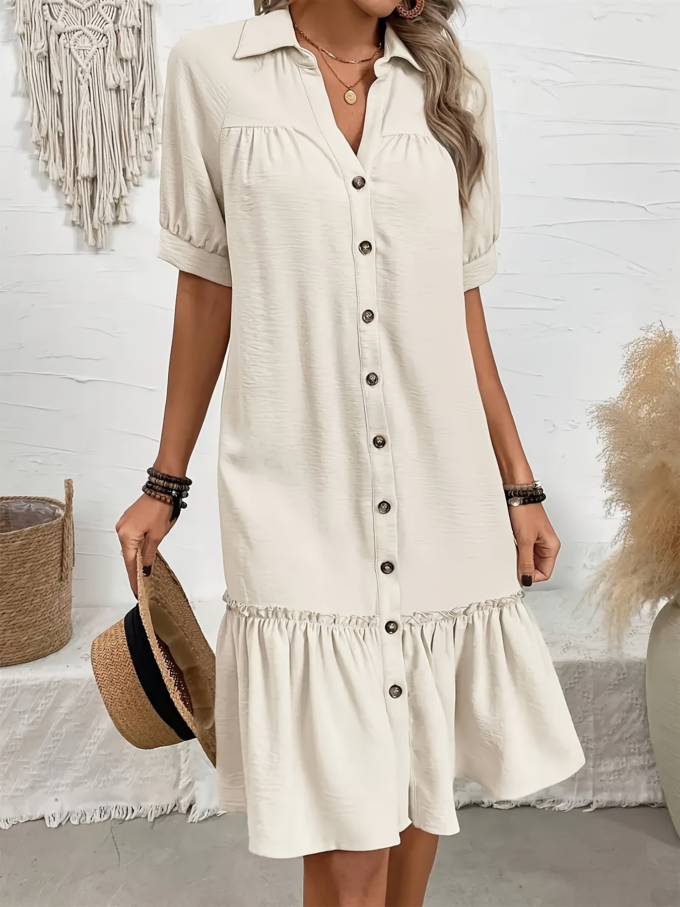 Beige Kleid mit Knöpfen Freizeitkleid mit Rüsche Polyester