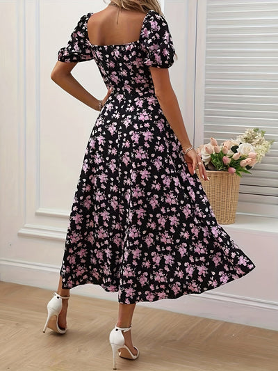 Kleid mit geblümten Puffärmeln in A-Linie Chic Split Hem für Frühling & Sommer