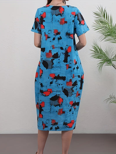 Elegantes Leinen-Midikleid mit ausdrucksstarkem abstraktem Muster