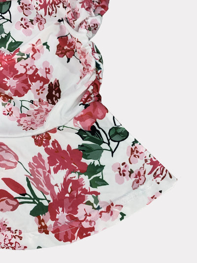 Figurbetontes Blumenmuster-Kleid mit Ärmeln, vorne zum Binden und rückenfrei