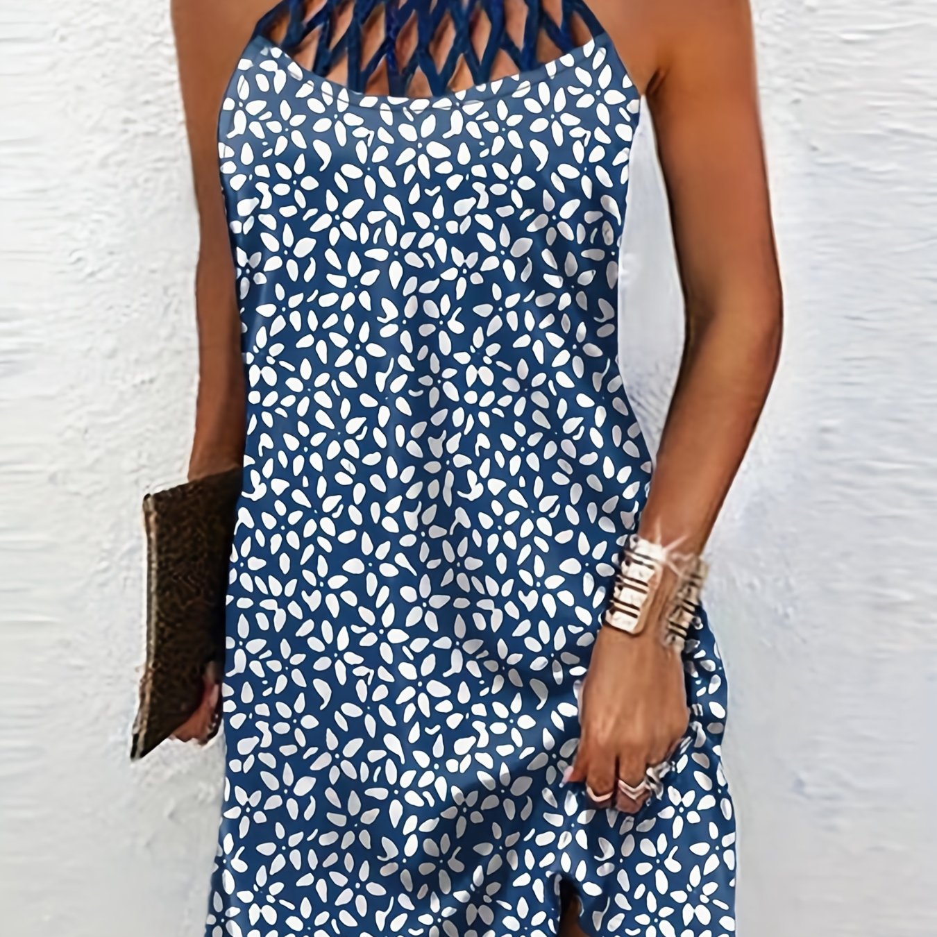 Damen Kleid mit Spaghettiträgern im Blumenmuster – Blau