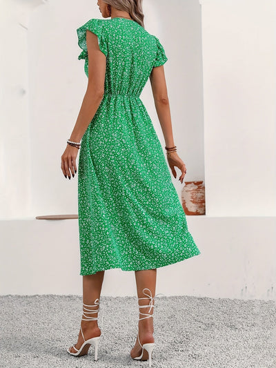 Geblümtes Kleid mit Volants, V-Ausschnitt, Knöpfen - Sommerliche Eleganz