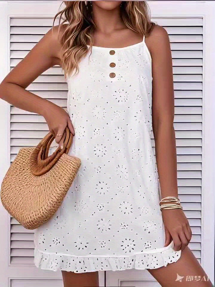 Weißes Lochstickerei-Kleid mit Trägern und Knöpfen – Sommer