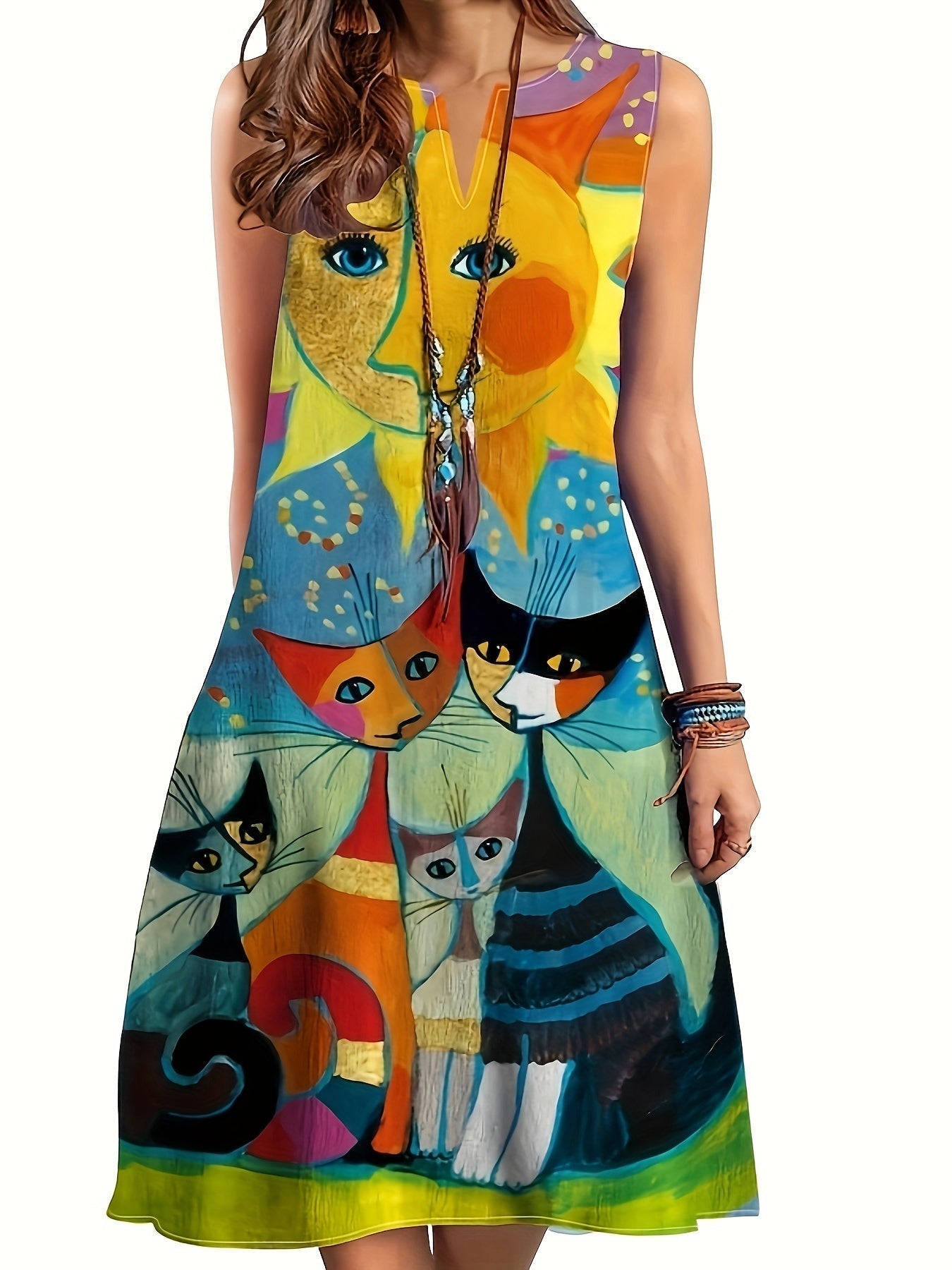 Ärmelloses Midi-Kleid mit Katzenmuster und V-Ausschnitt in Gelb – Sommerkleid für Damen