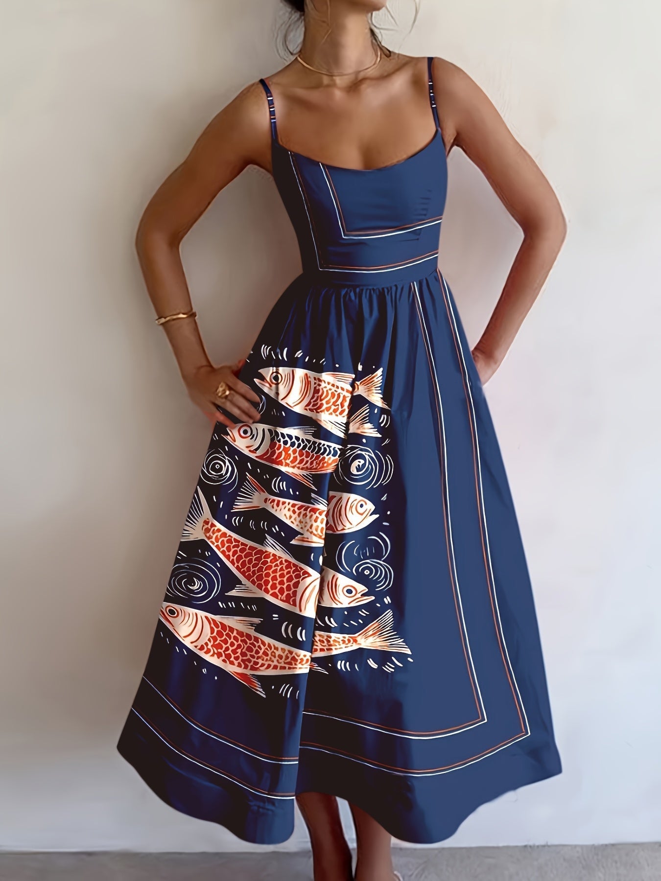 Ferienkleid mit Koi-Motiv Maxikleid ohne Ärmel marineblau