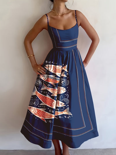 Ferienkleid mit Koi-Motiv Maxikleid ohne Ärmel marineblau