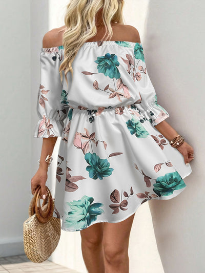 Schulterfreies Kleid mit Blumenprint – A-Linien-Schnitt und Volantärmeln