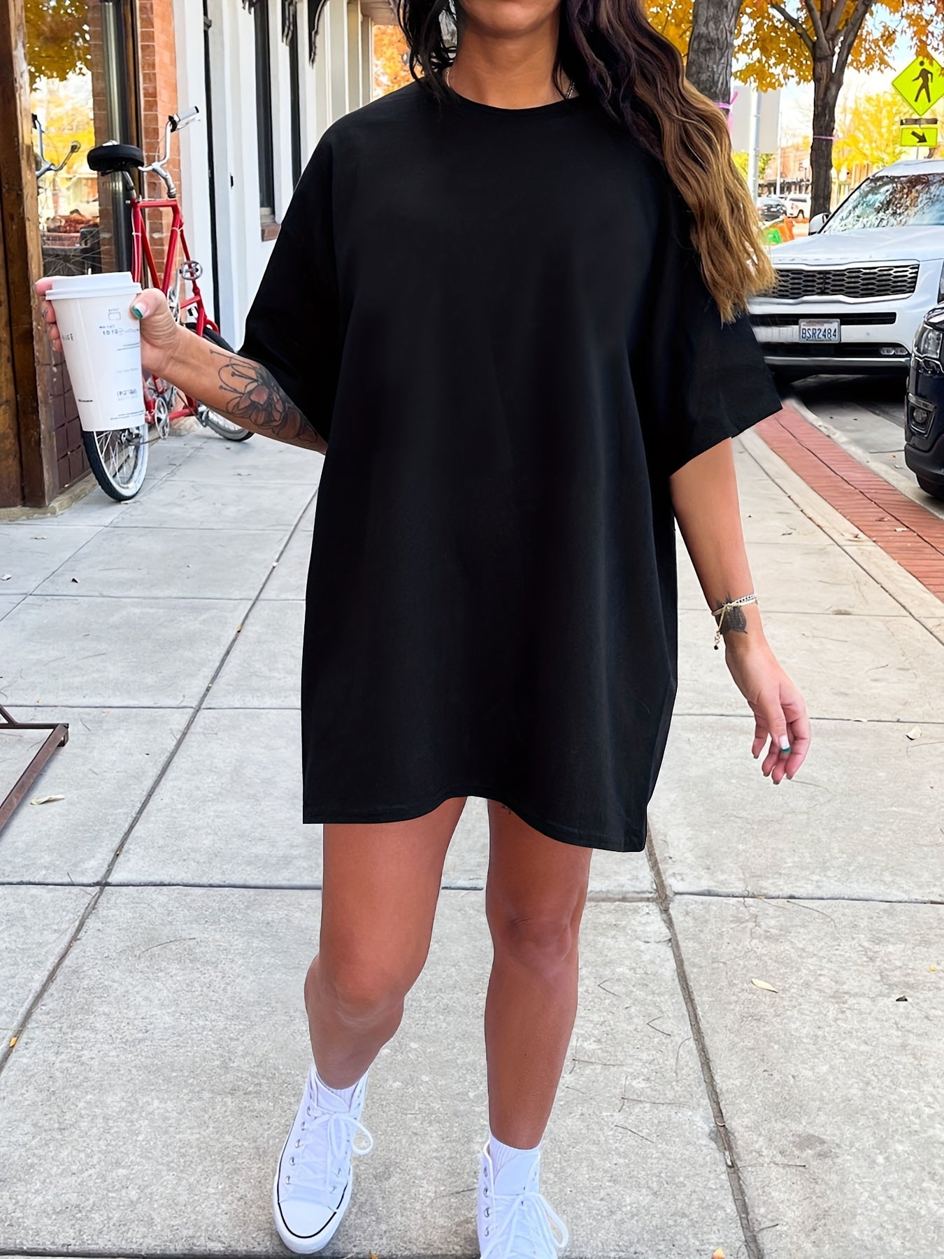 Kurzärmeliges einfarbiges Kleid für Frauen Schwarz Grün