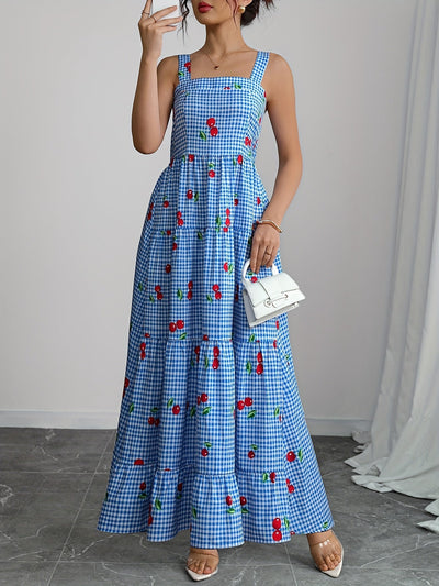 Sommerliches blau kariertes Maxikleid mit Kirschenprint und schmalen Trägern