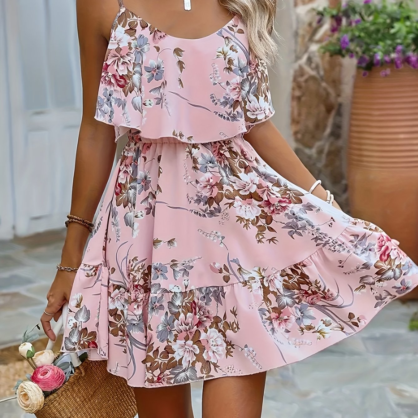 Spanisches rosa geblümtes Sommerminikleid mit Volants