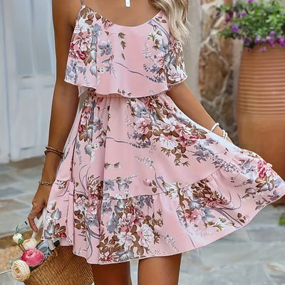 Spanisches rosa geblümtes Sommerminikleid mit Volants