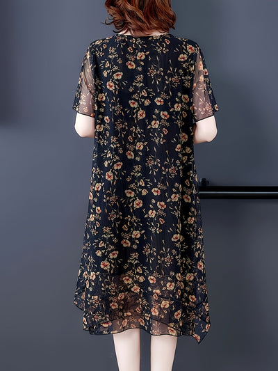Plus Size Kleid aus Tüll mit Blumen - lockerer Schnitt und Bauchmodellierung