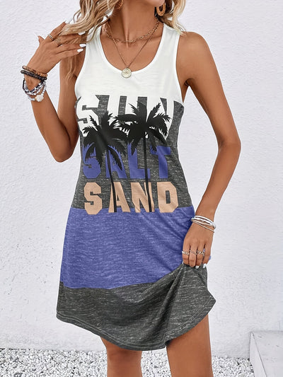 Ärmelloses Sommerkleid mit Palmenprint und Schriftzug