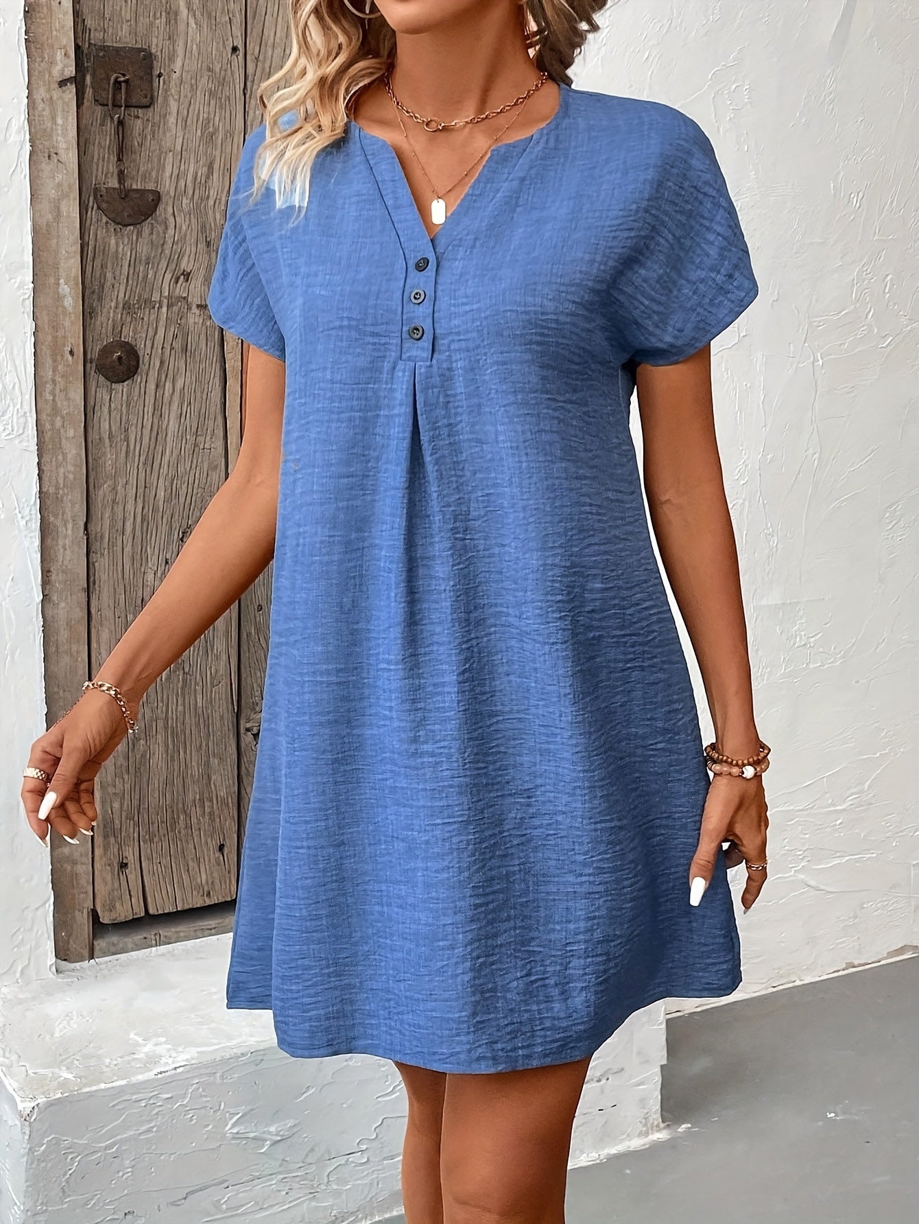 Blaues Damenkleid mit V-Ausschnitt und Fledermausärmeln – Polyester, maschinenwaschbar