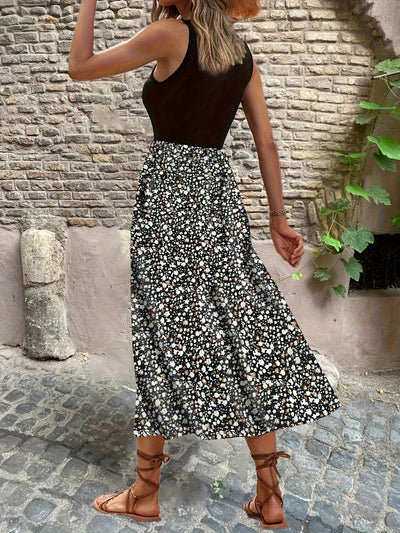Geblümtes ärmelloses Sommer-Midikleid mit A-Linie in Schwarz und Kaffee