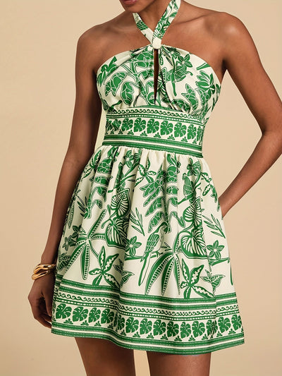Sommerkleid mit grünem und schwarzem Blumenmuster und Schnürung