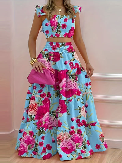 Zweiteiliges Set: Kurzes Oberteil mit Rüsche und ausgestellter Rock - Summer Holiday Style