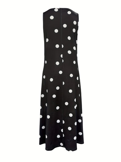Damen Sommerkleid Polka Dot Langes Ärmelloses Schößchen Bequemes Urlaubskleid
