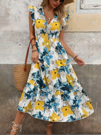 Langes Trapezkleid mit floralem Muster und frechem Ausschnitt