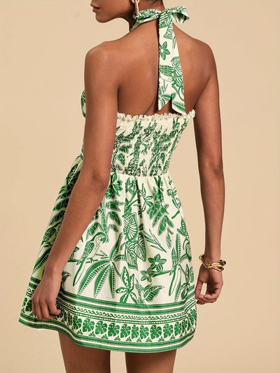 Sommerkleid mit grünem und schwarzem Blumenmuster und Schnürung