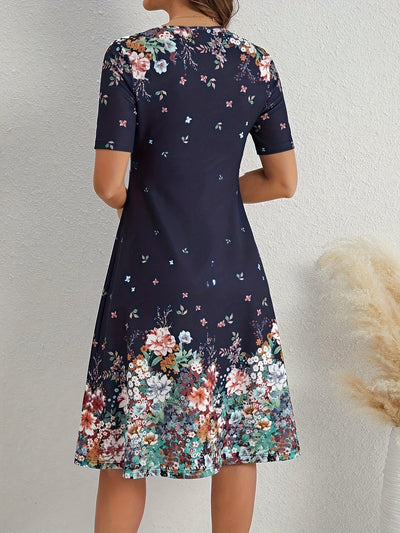 Marineblaues geblümtes Kleid mit S-Ausschnitt und Rüschensaum - Leichtes Midikleid