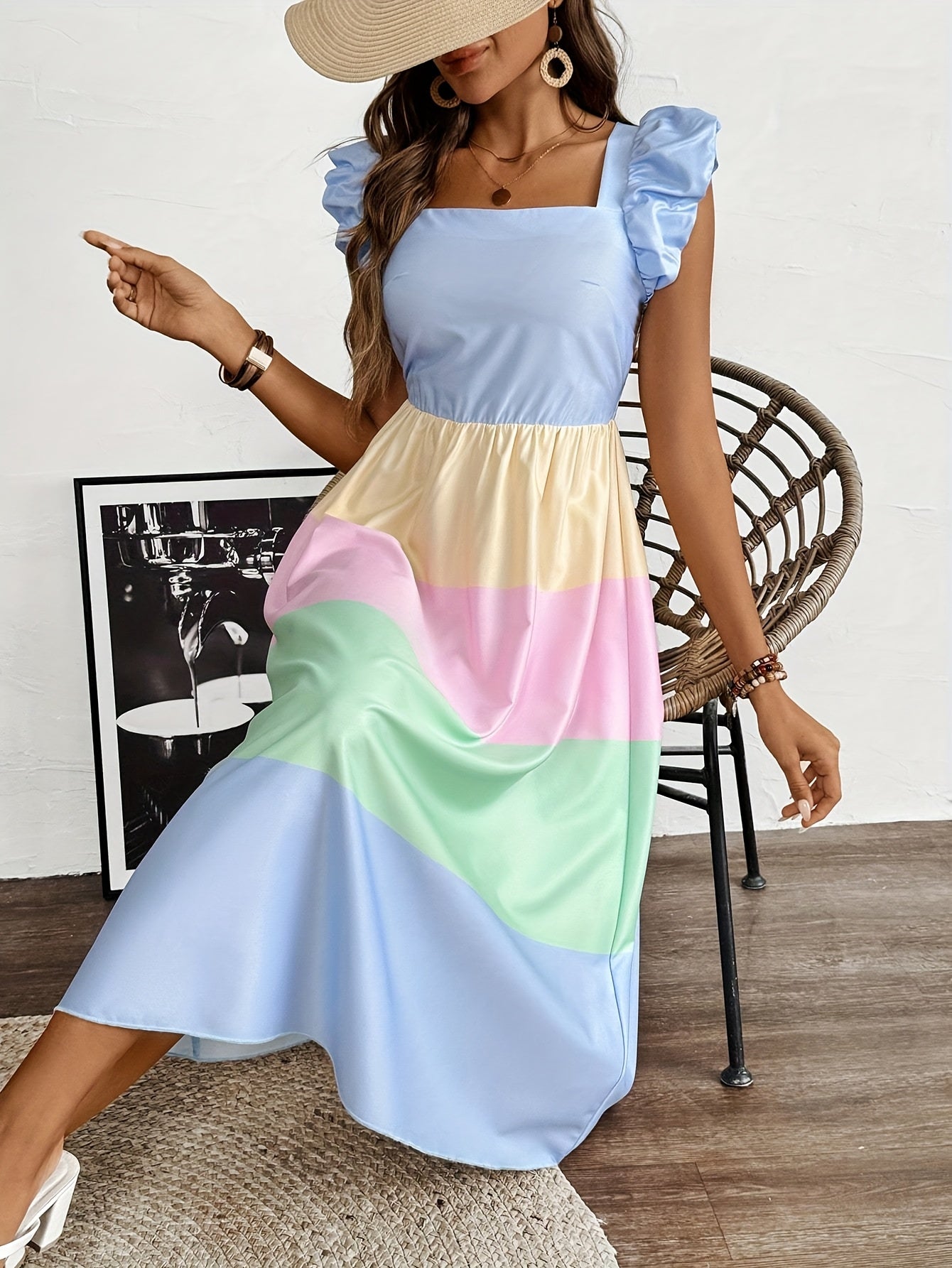 Gestreiftes Damenkleid Quadratischer Ausschnitt, Puffärmel Blau
