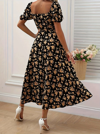 Kleid mit geblümten Puffärmeln in A-Linie Chic Split Hem für Frühling & Sommer