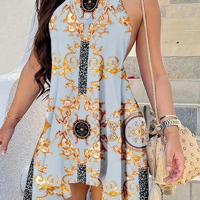 Kleid mit Nackenbindung und Rüschen – Barockes Blumenmuster
