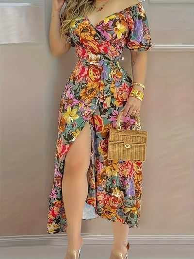 Trägerloses geblümtes Maxikleid mit Laternenärmeln und Gürtel