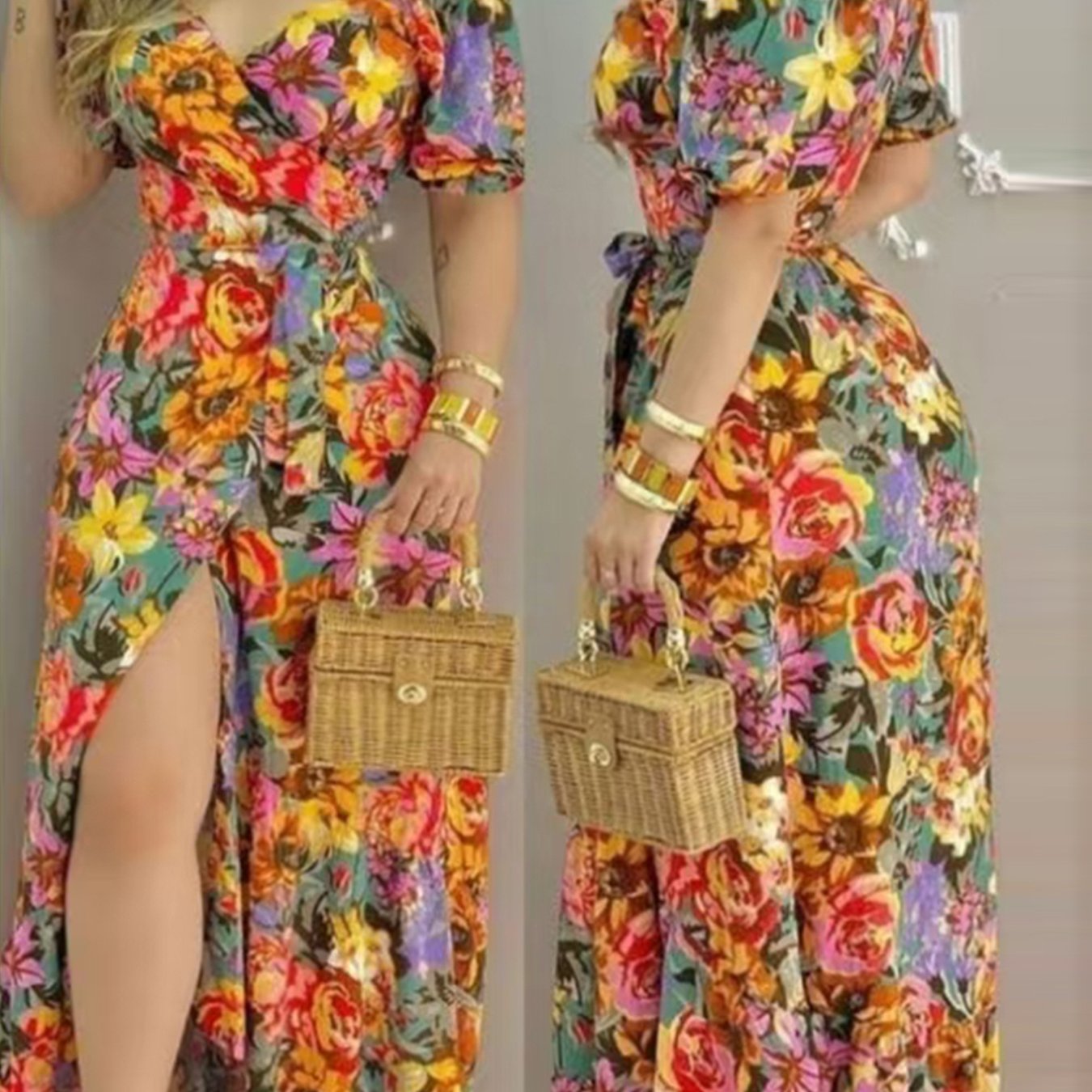 Langes geblümtes Maxikleid mit Rüschen - mehrfarbig