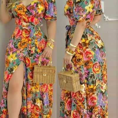 Langes geblümtes Maxikleid mit Rüschen - mehrfarbig