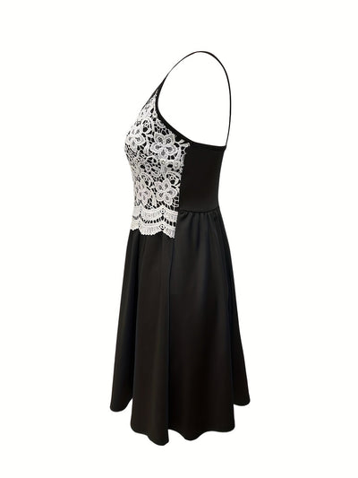 Ärmelloses V-Ausschnitt Sommerkleid mit Spitze Schwarz & Weiß, bequem für den Urlaub