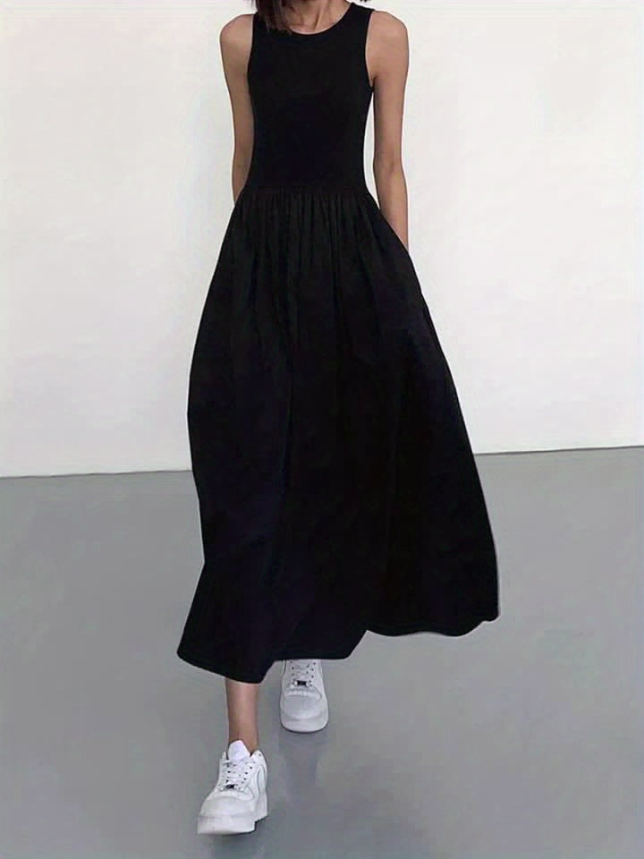 Casual Midi-Kleid für Damen mit Plissiertem A-Linien-Schnitt in Unifarben