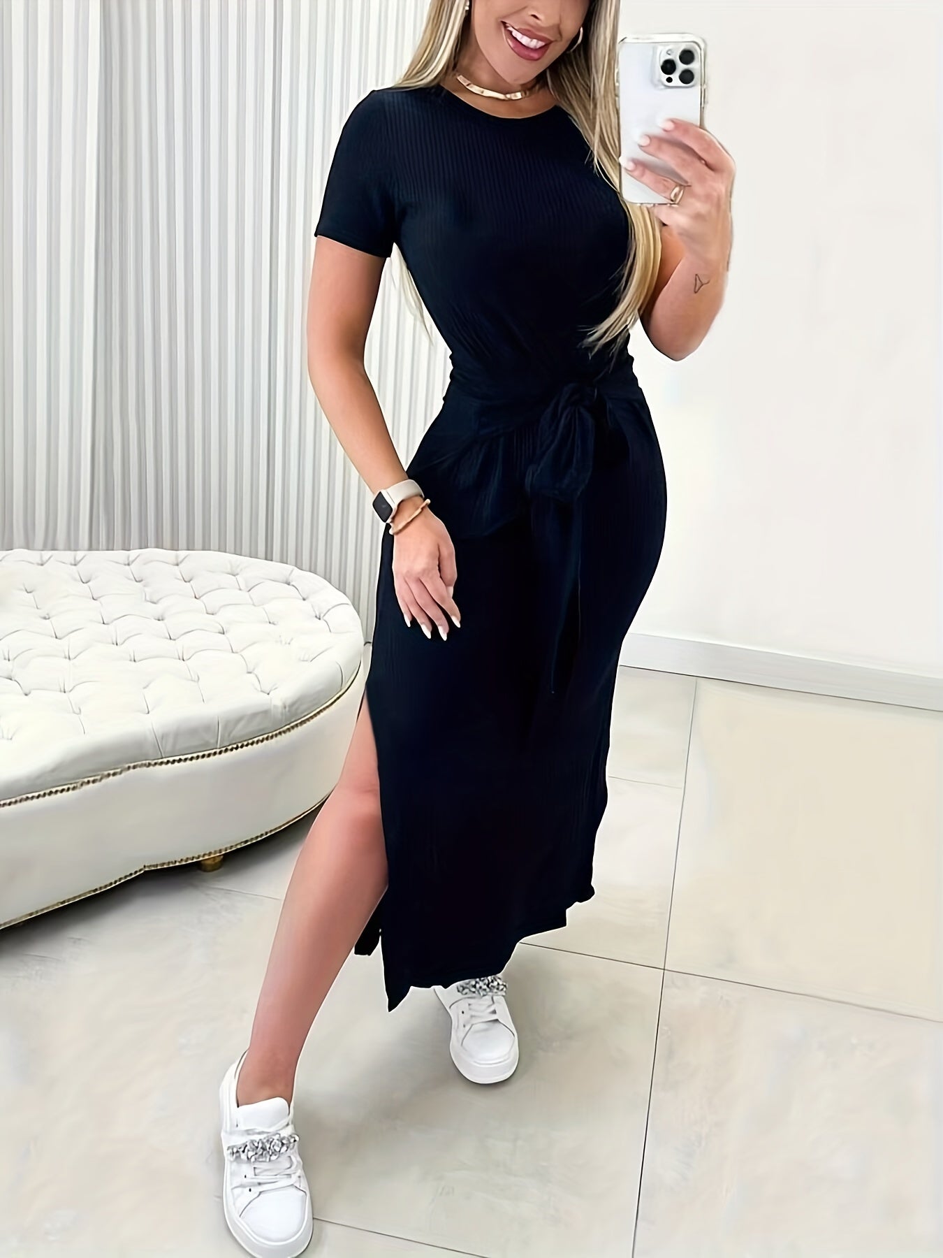 Damen Sommer-Strickkleid – Bunter Patchwork