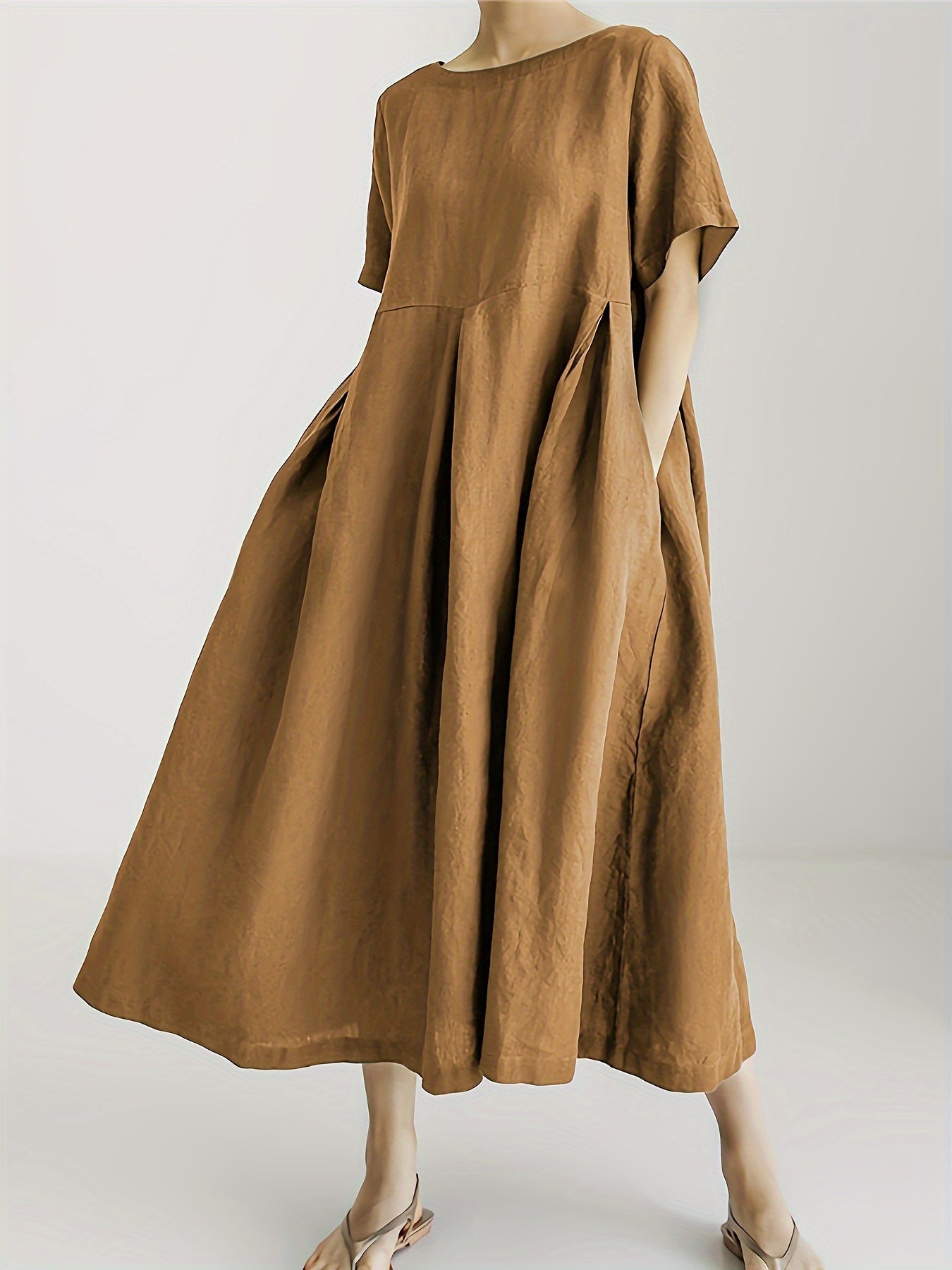 Leinen-Mix Midi-Kleid mit Taschen – Kurzarm Hochtailliert Sommermode