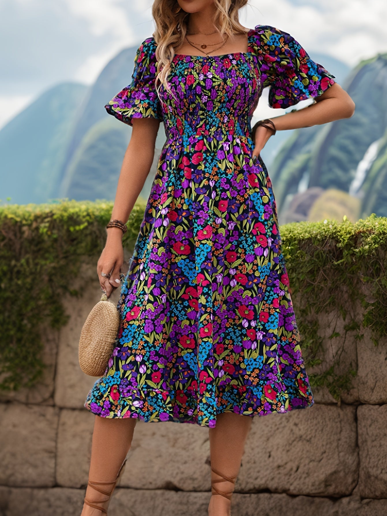 Schulterfreies Kleid mit Blumenmuster und Laternenärmeln Lila