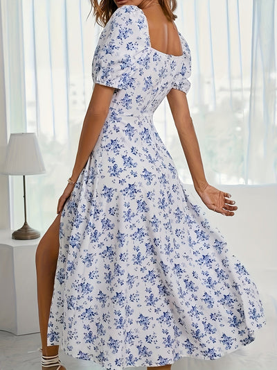 Elegantes Blumen-Maxikleid – Hoher Schlitz, Kurzarm, Sommerkleid