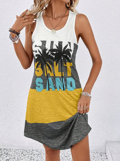 Ärmelloses Sommerkleid mit Palmenprint und Schriftzug
