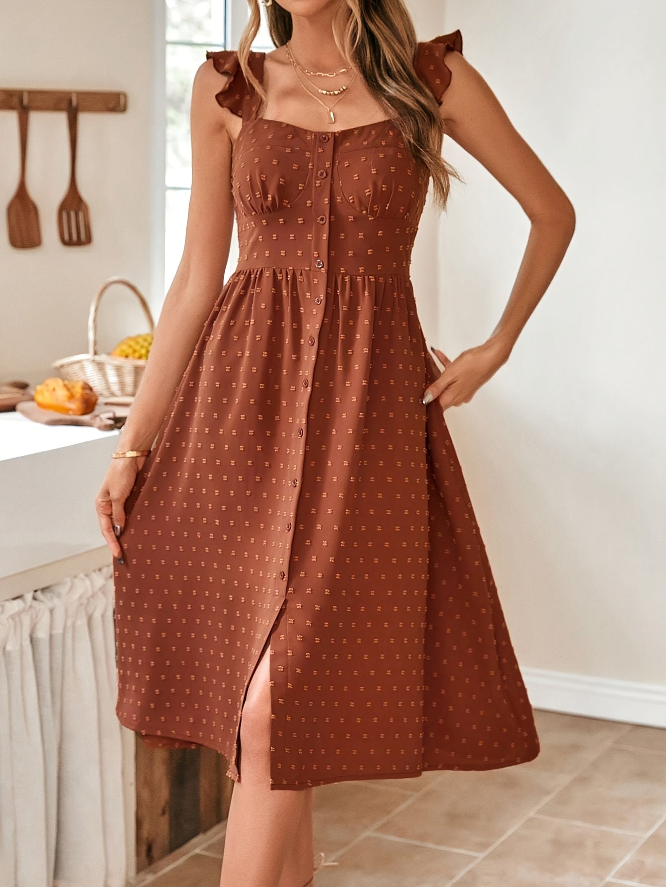 Damen Midikleid ohne Ärmel mit Polka-Dots – Französisch-Schweizerischer Stil