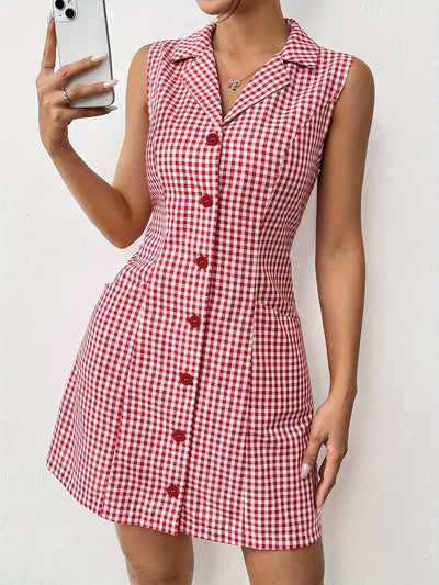 Elegantes ärmelloses Kleid in Rot und Weiß mit Karomuster