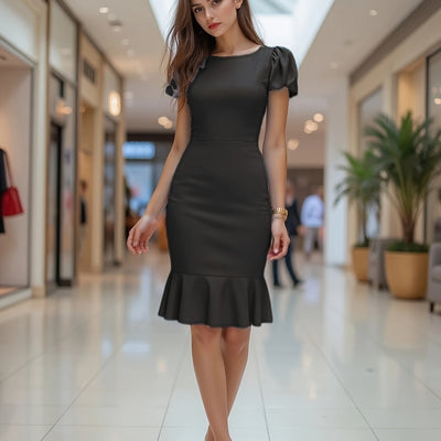 Elegantes A-Linien Kleid mit Puffärmeln Schwarz Blau