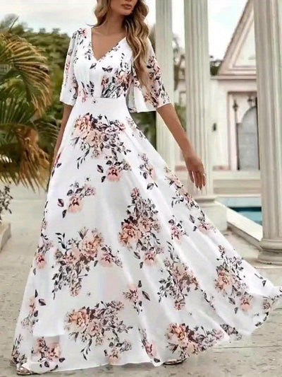 Weißes geblümtes Maxikleid mit Rüschen und V-Ausschnitt