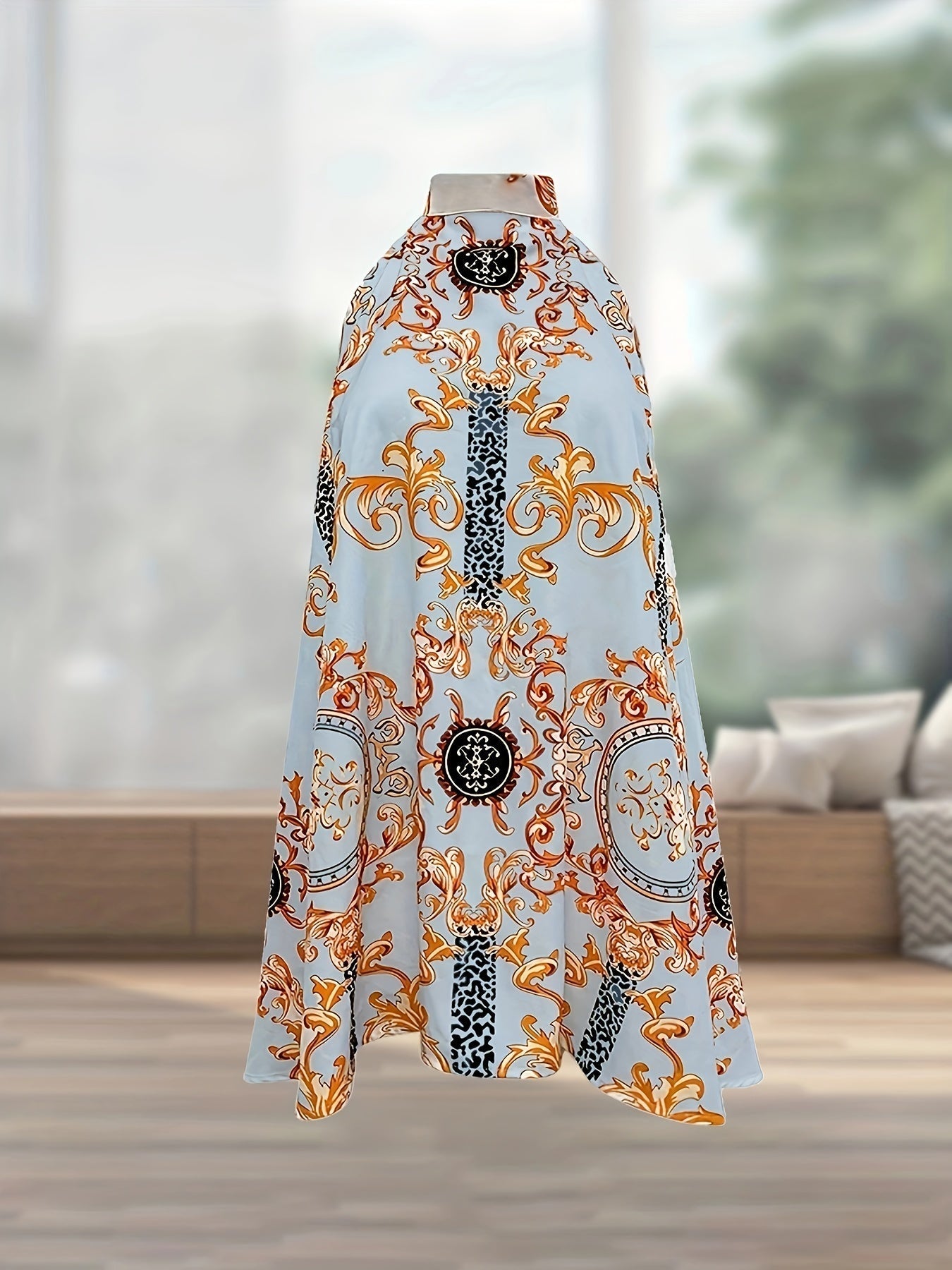 Kleid mit Nackenbindung und Rüschen – Barockes Blumenmuster