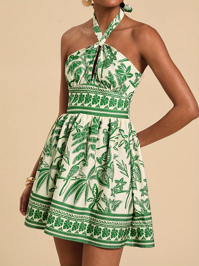 Sommerkleid mit grünem und schwarzem Blumenmuster und Schnürung