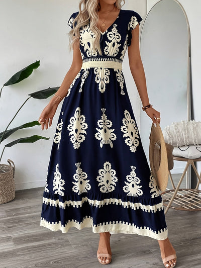 Dunkelblaues Blumenkleid mit V-Ausschnitt und Rüschen