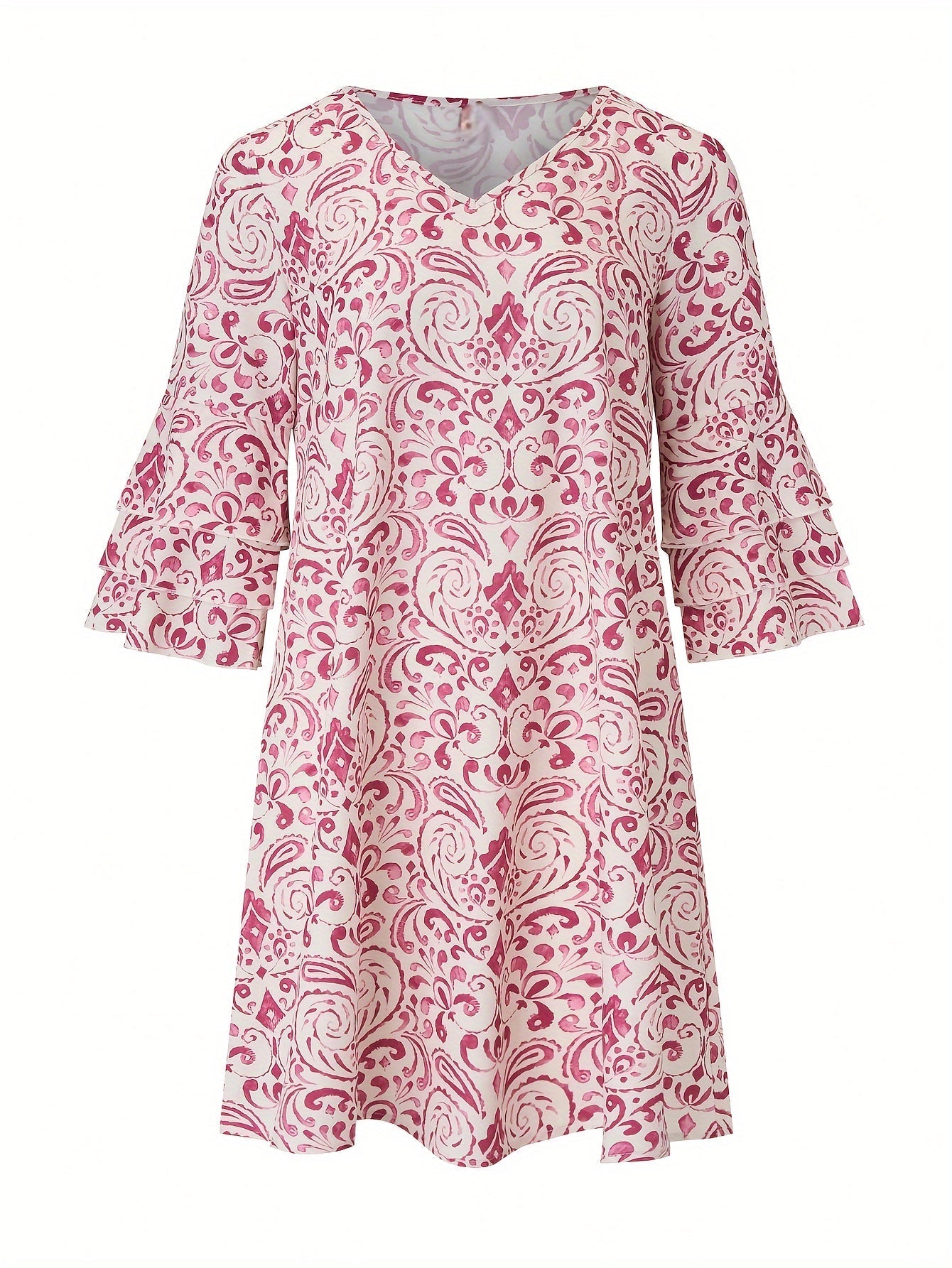 Geblümtes Kleid mit V-Ausschnitt und ausgestellten Ärmeln Sommerlicher Stil