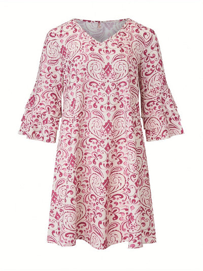 Geblümtes Kleid mit V-Ausschnitt und ausgestellten Ärmeln Sommerlicher Stil